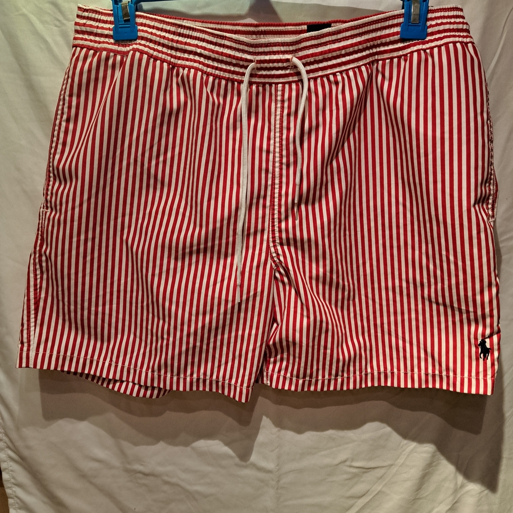Polo Ralph Lauren Red and White Striped Swim Trunks